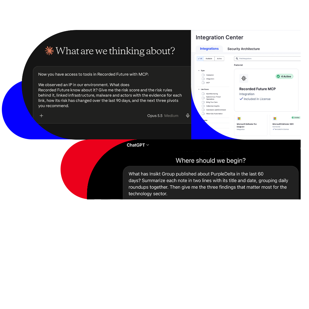 Claude and ChatGPT interfaces showing AI prompts that use Recorded Future MCP to analyze IP address threats and summarize Insikt Group research on PurpleDelta
