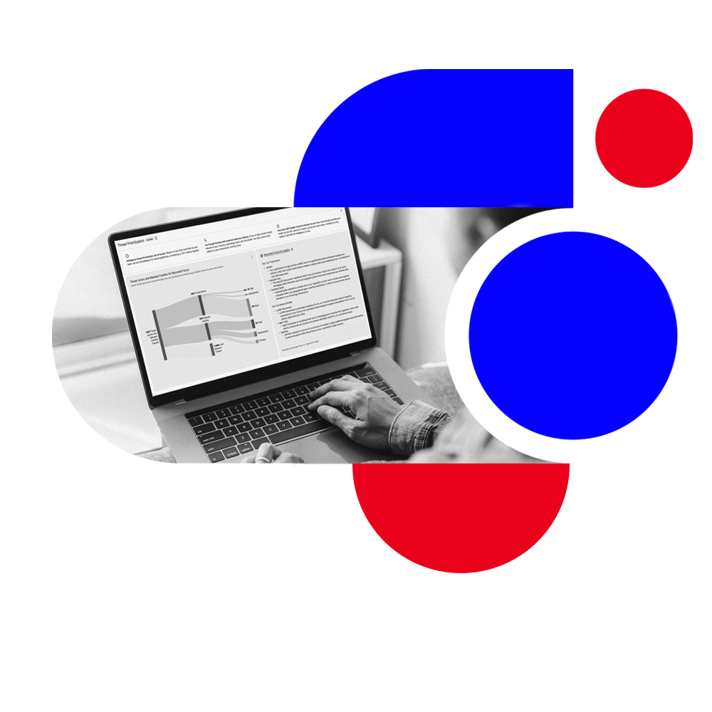 Black and white photo of hands typing on a laptop showing a threat prioritization dashboard with a flow diagram of threat actors and malware families, layered with blue and red geometric shapes.
